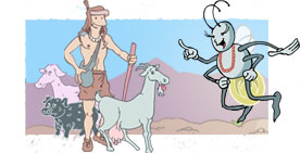 Lucirnaga Chuy y pastor junto a una cabra, una oveja y un cerdo